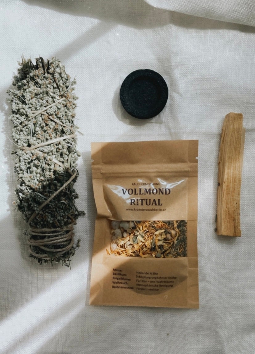 Vollmond-Räucherset mit Räuchermischung, Bündel, Kohle und Palo Santo – für energetische Reinigung, Transformation und Mondrituale