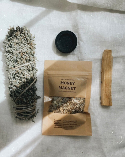 Räucherset für Fülle und finanziellen Erfolg mit Kräutermischung, Bündel, Palo Santo und Kohle zur energetischen Ausrichtung auf Wohlstand. Ziehe mehr Geld in dein Leben.

