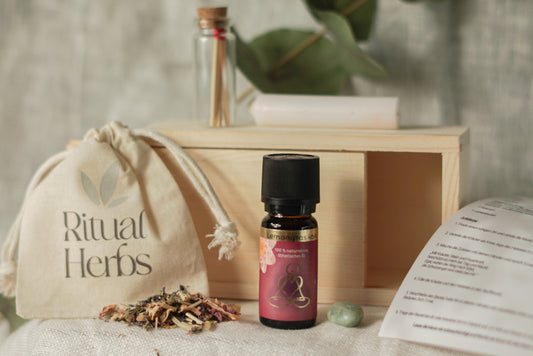Ritual Travel Kit „Protection“ mit Kerze, Kräutern, Schutzöl und Heilstein für spirituelle Rituale auf Reisen.